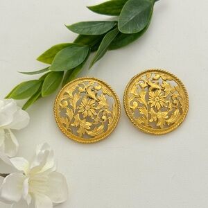 Vintage Gold Floral Earrings Brushed Golden Medallion Statement 80s Jewelry
